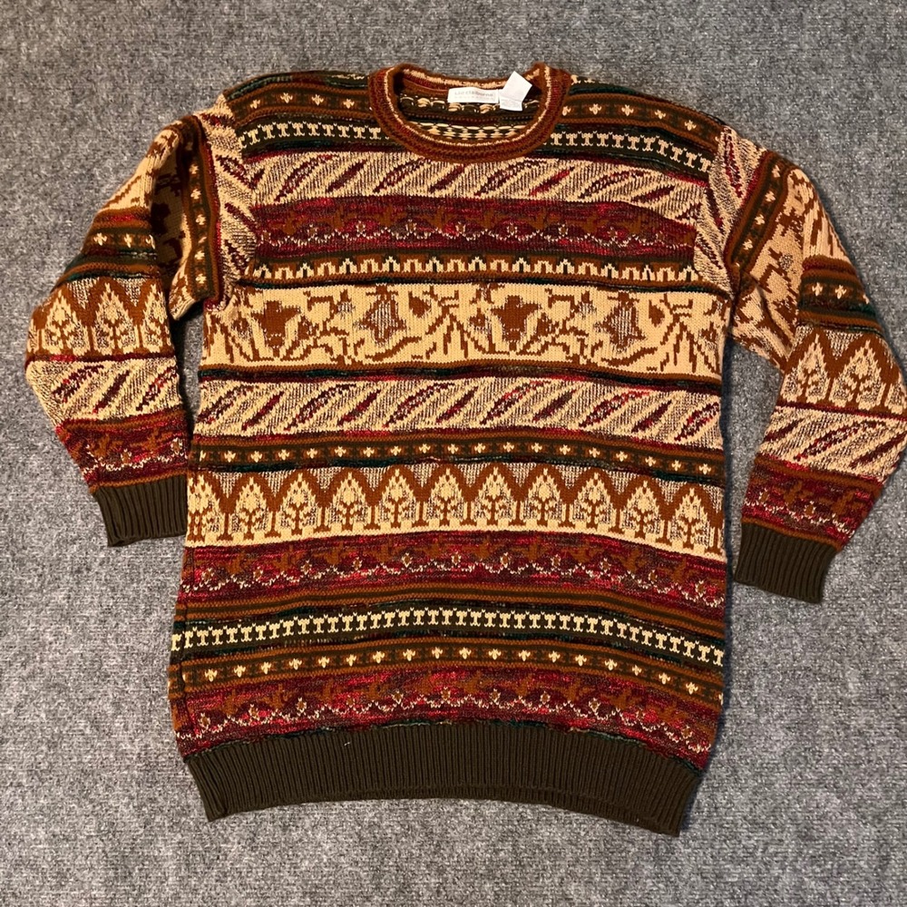 Liz Claiborne Collection Vintage Fair Isle Knit Sweater Brown Burgundy Small